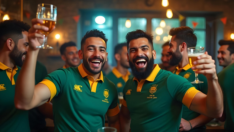 South African sports betting fans celebrating in a bar.